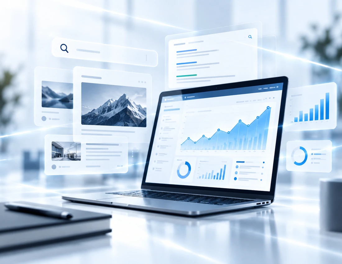 Analityka, content i SEO na ekranie laptopa