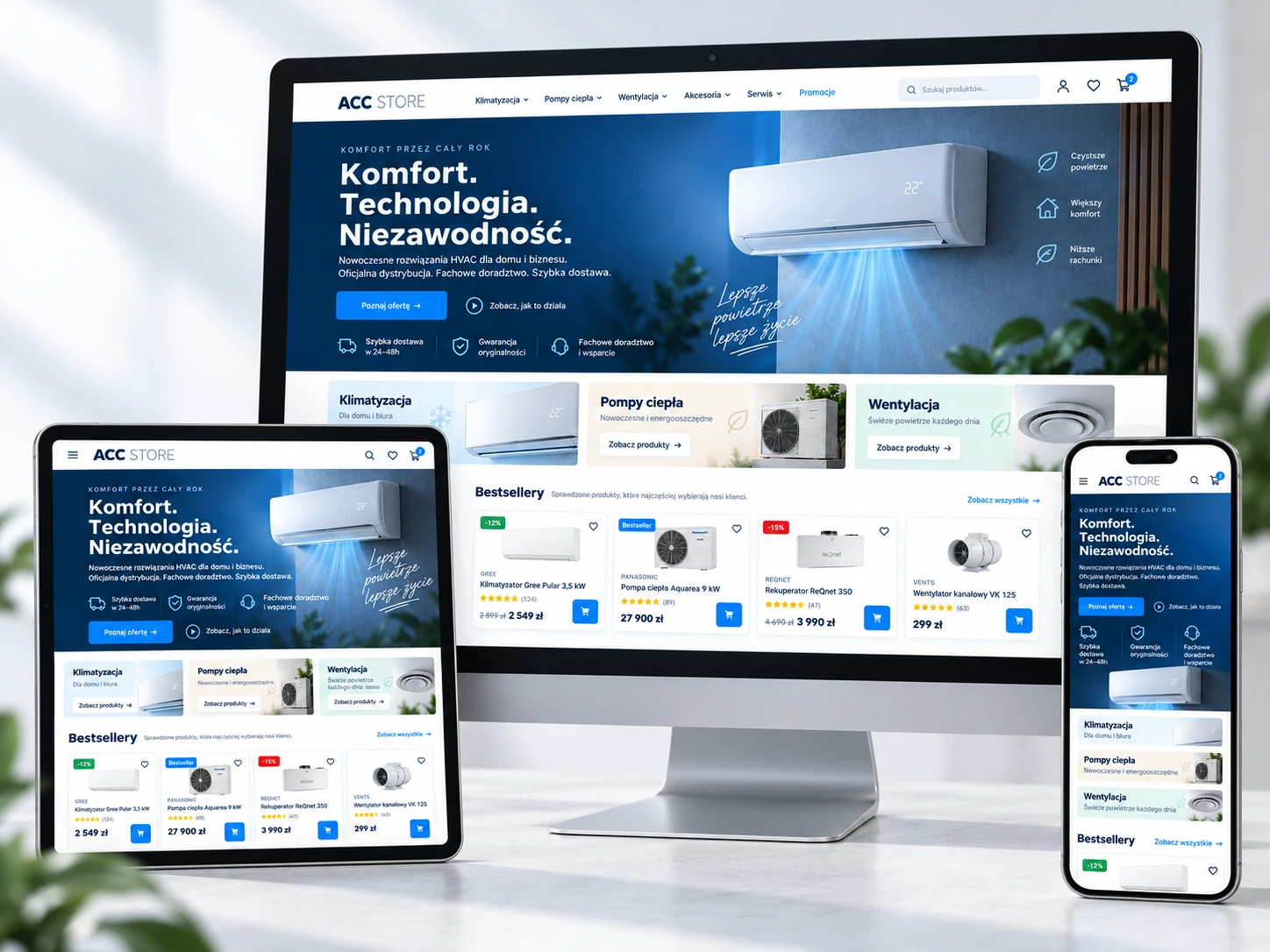 Prezentacja responsywnej realizacji ACC Store na monitorze, tablecie i telefonie